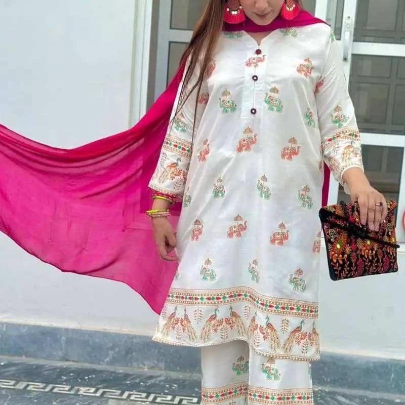 2pcs woman stitched lilen block print  suit
